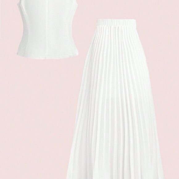 White Boho Women's Summer Elegant Collared Vest With Pleated Skirt - Picture 2 of 5